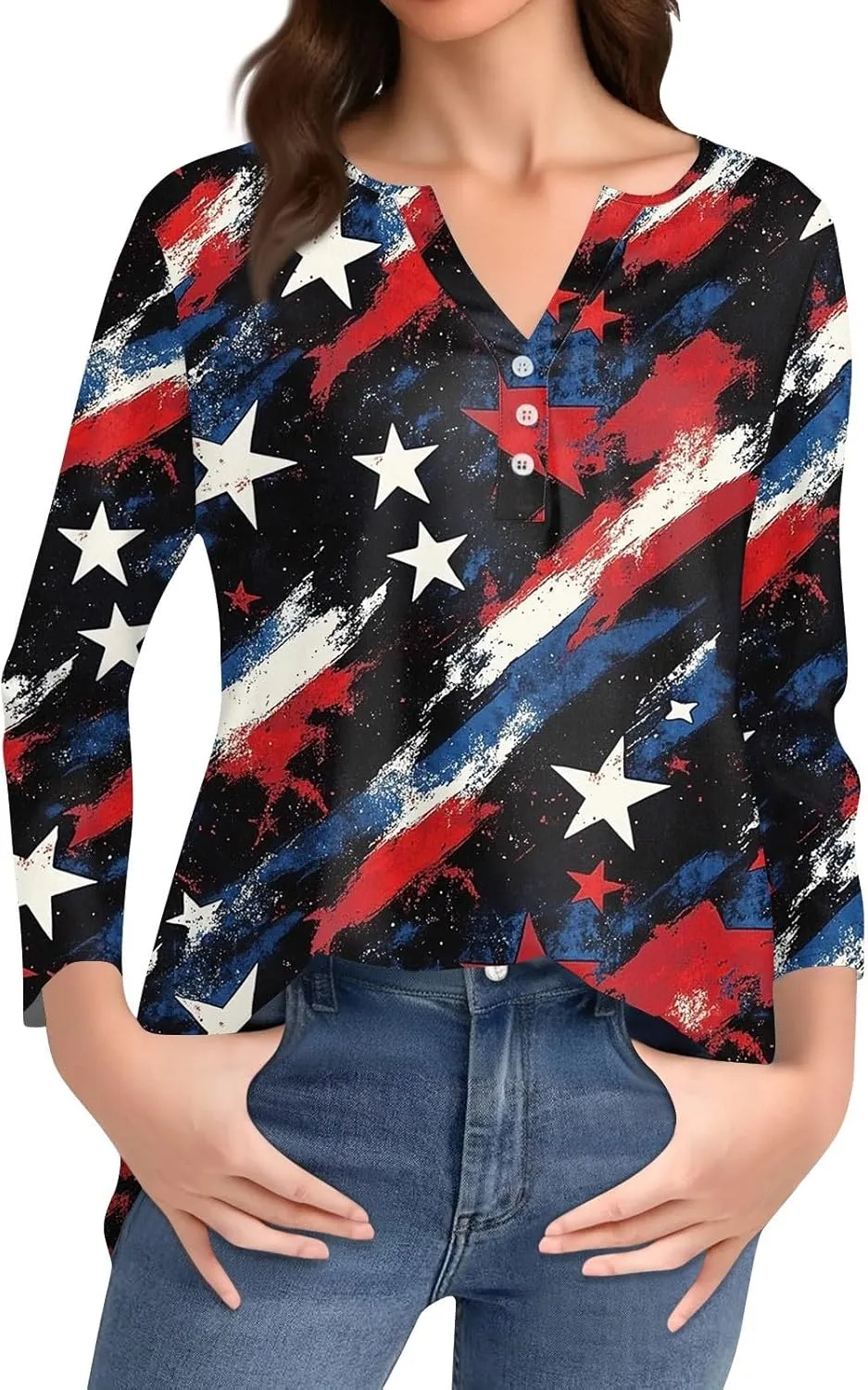 3/4 Length Sleeve Womens Tops Henley V Neck Summer Shirts Casual Elbow Length Button Down Shirt Floral Print Blouses
