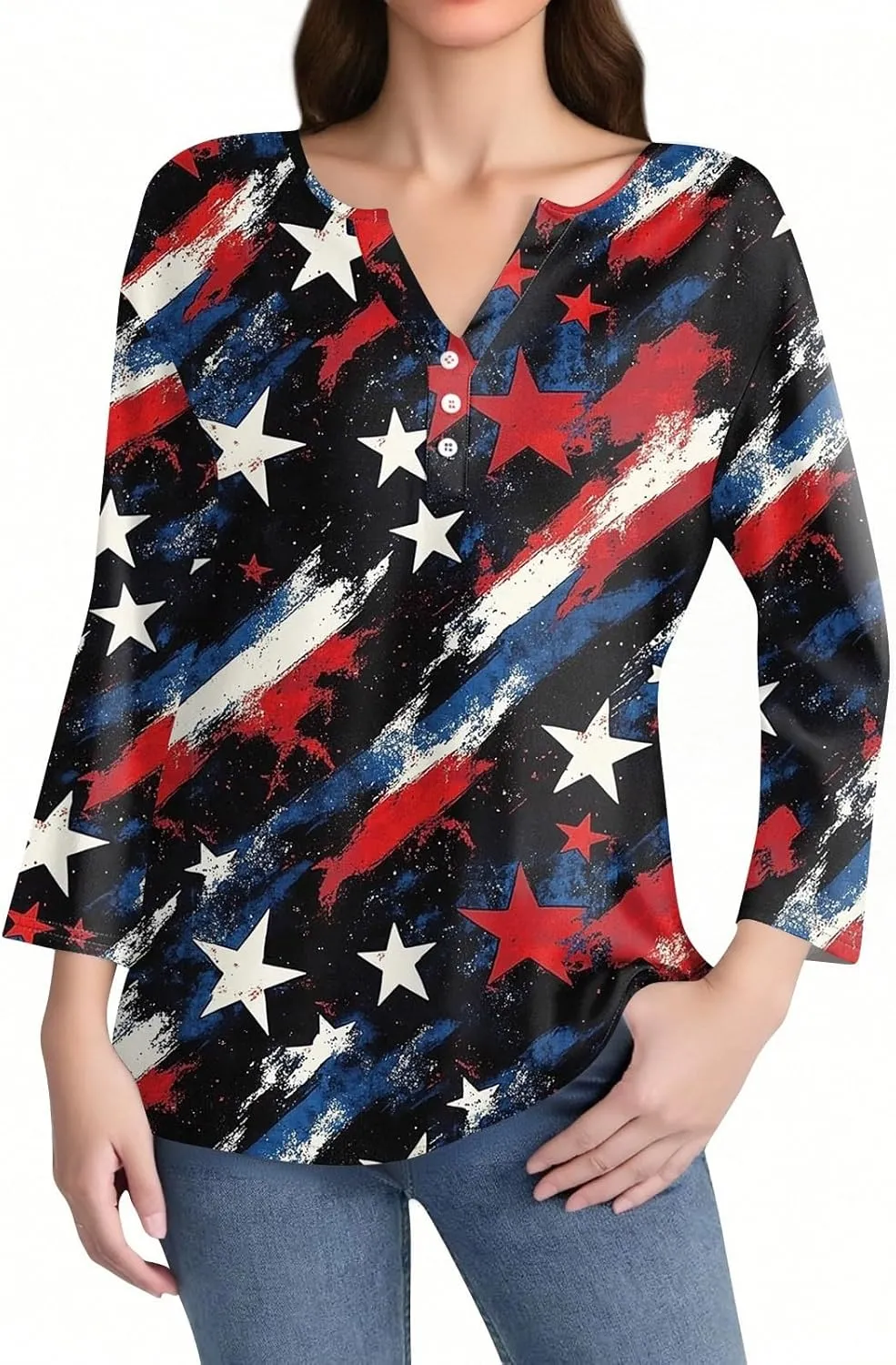 3/4 Length Sleeve Womens Tops Henley V Neck Summer Shirts Casual Elbow Length Button Down Shirt Floral Print Blouses