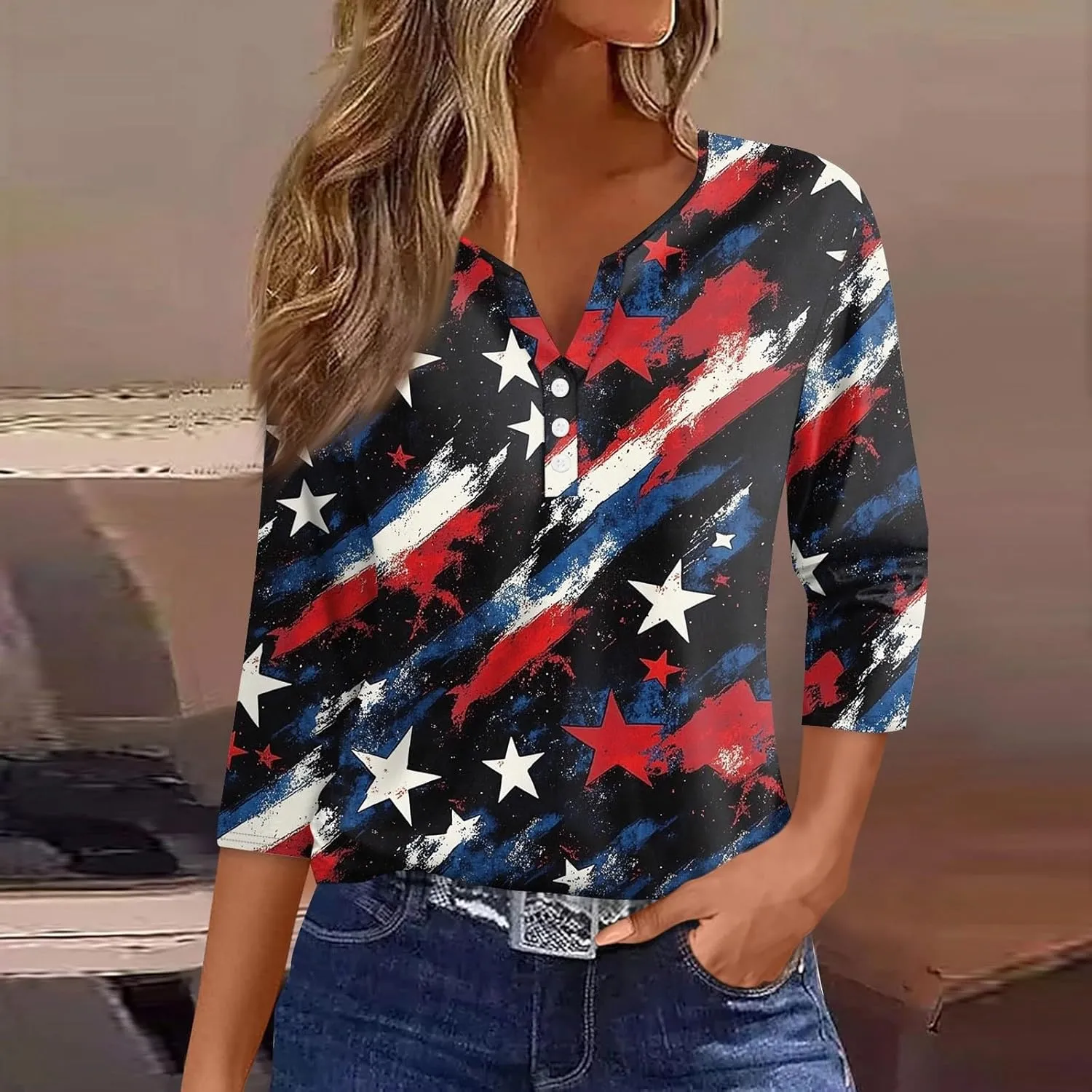 3/4 Length Sleeve Womens Tops Henley V Neck Summer Shirts Casual Elbow Length Button Down Shirt Floral Print Blouses