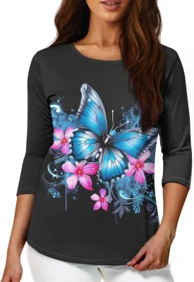 3/4 Sleeve T-Shirt for Women 2023 Fall Crew Neck Tshirts