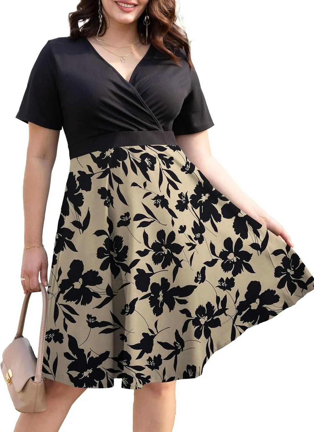 Ahlaray Womens Plus Size Dresses Short Sleeve Faux Wrap Causal Swing Dress with Pockets, L-4XL