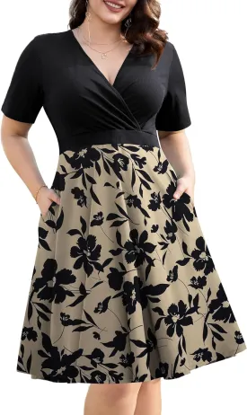 Ahlaray Womens Plus Size Dresses Short Sleeve Faux Wrap Causal Swing Dress with Pockets, L-4XL
