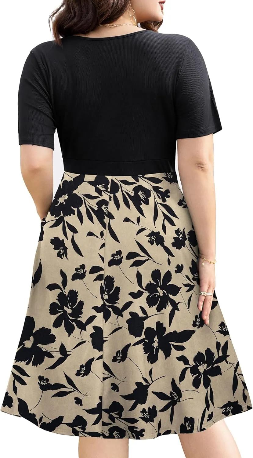 Ahlaray Womens Plus Size Dresses Short Sleeve Faux Wrap Causal Swing Dress with Pockets, L-4XL