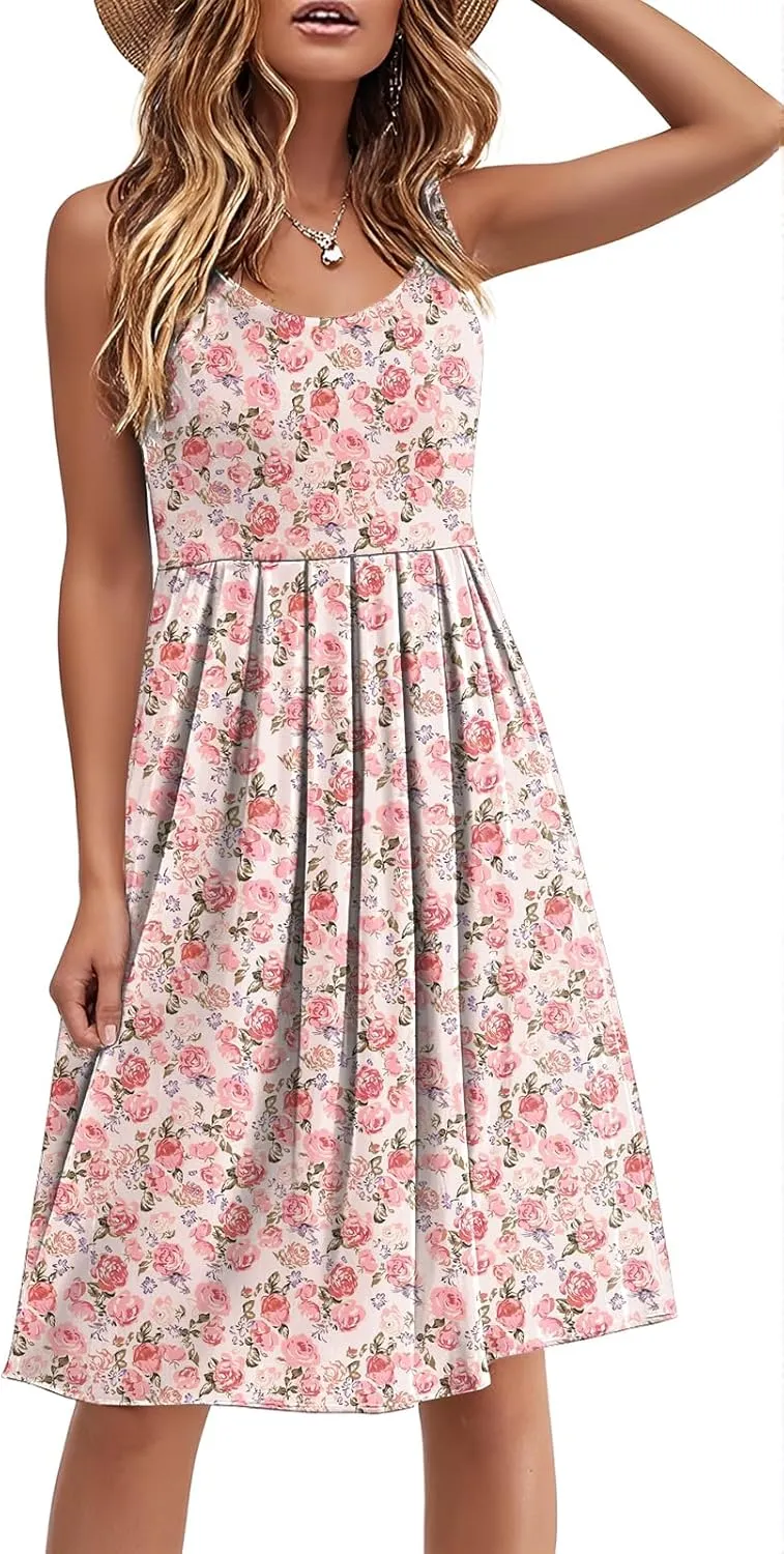 Akihoo Women Summer Casual Sleeveless Midi Plain Pleated Tank Vest Dresses