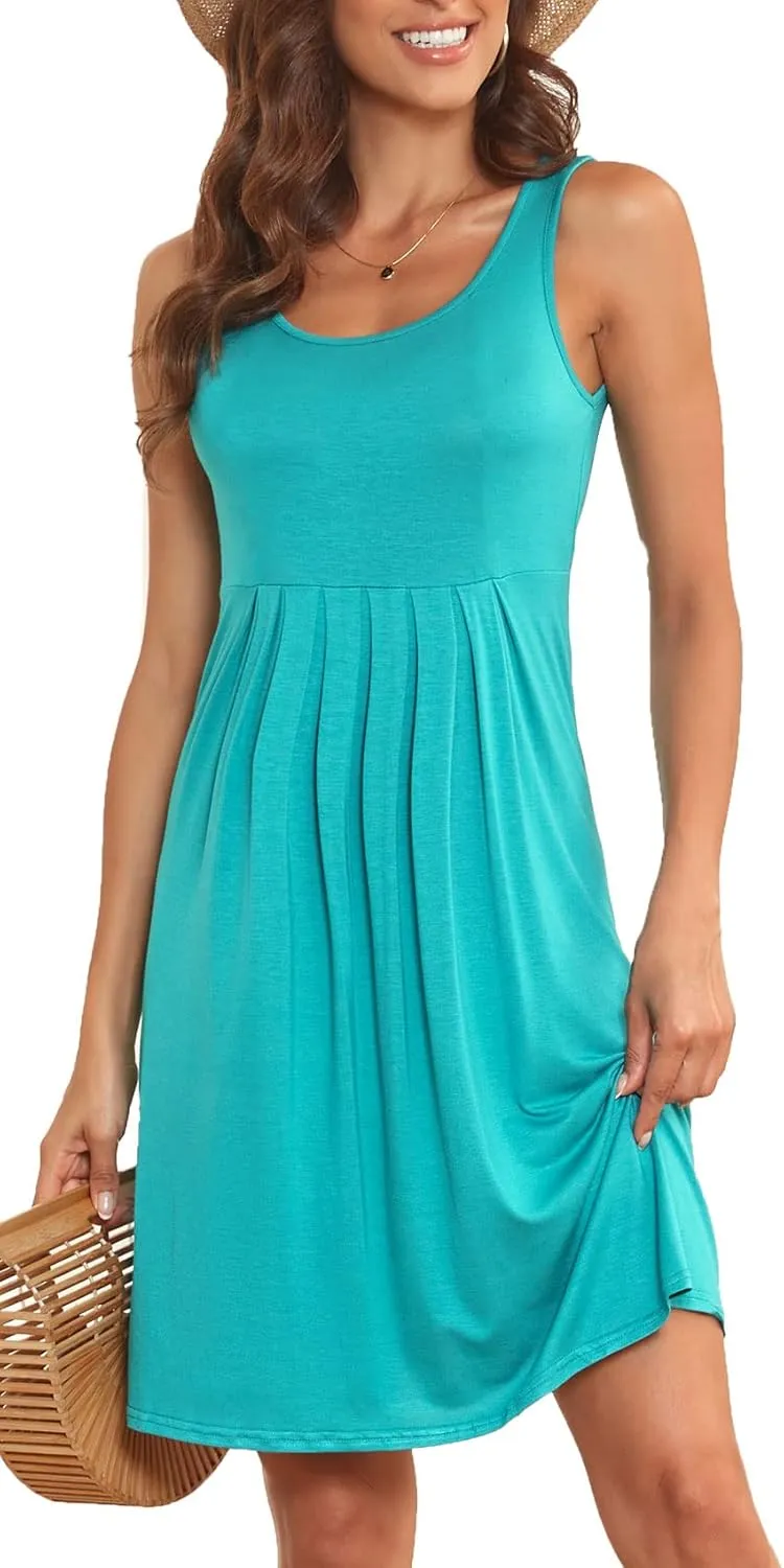 Akihoo Women Summer Casual Sleeveless Midi Plain Pleated Tank Vest Dresses