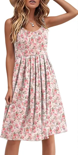 Akihoo Women Summer Casual Sleeveless Midi Plain Pleated Tank Vest Dresses