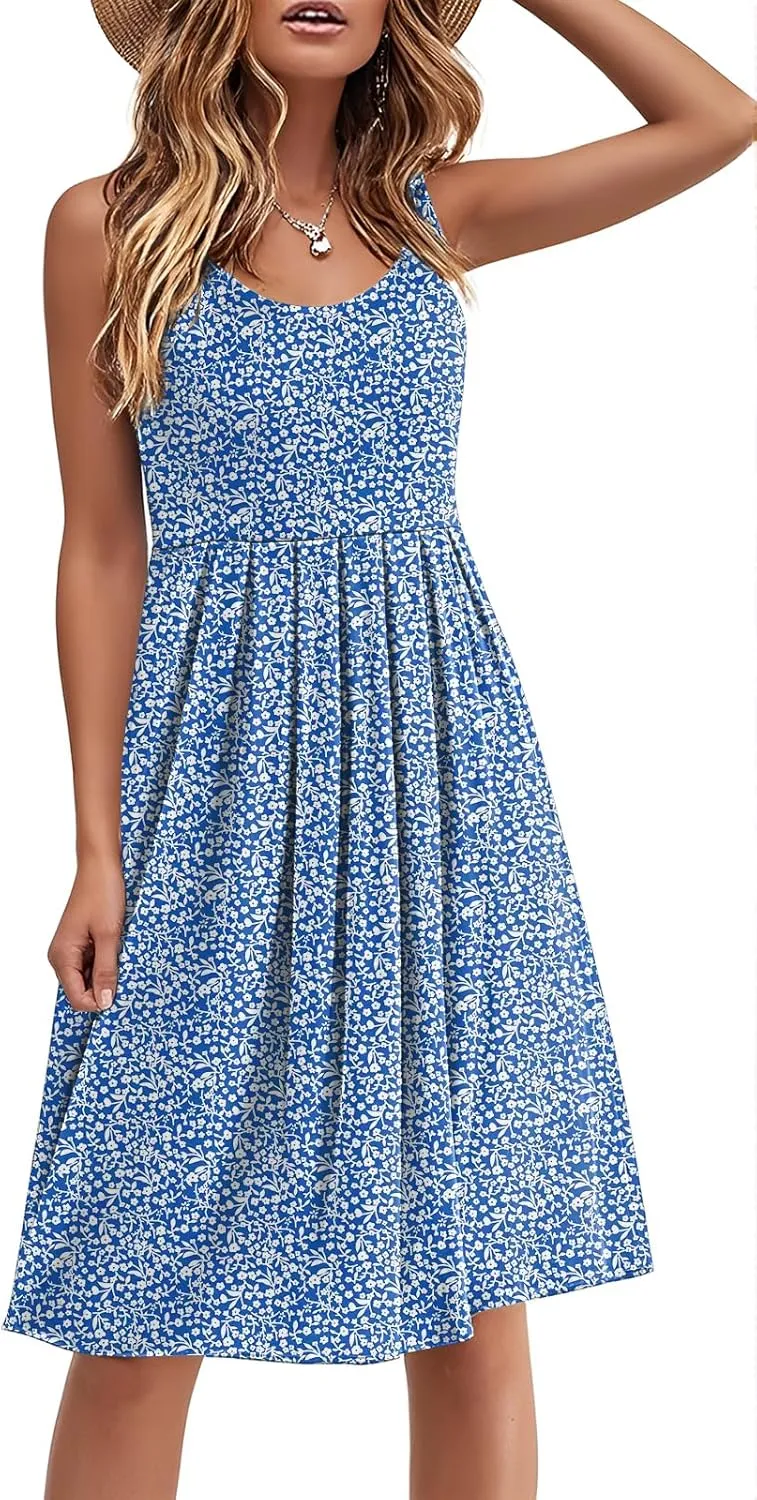 Akihoo Women Summer Casual Sleeveless Midi Plain Pleated Tank Vest Dresses