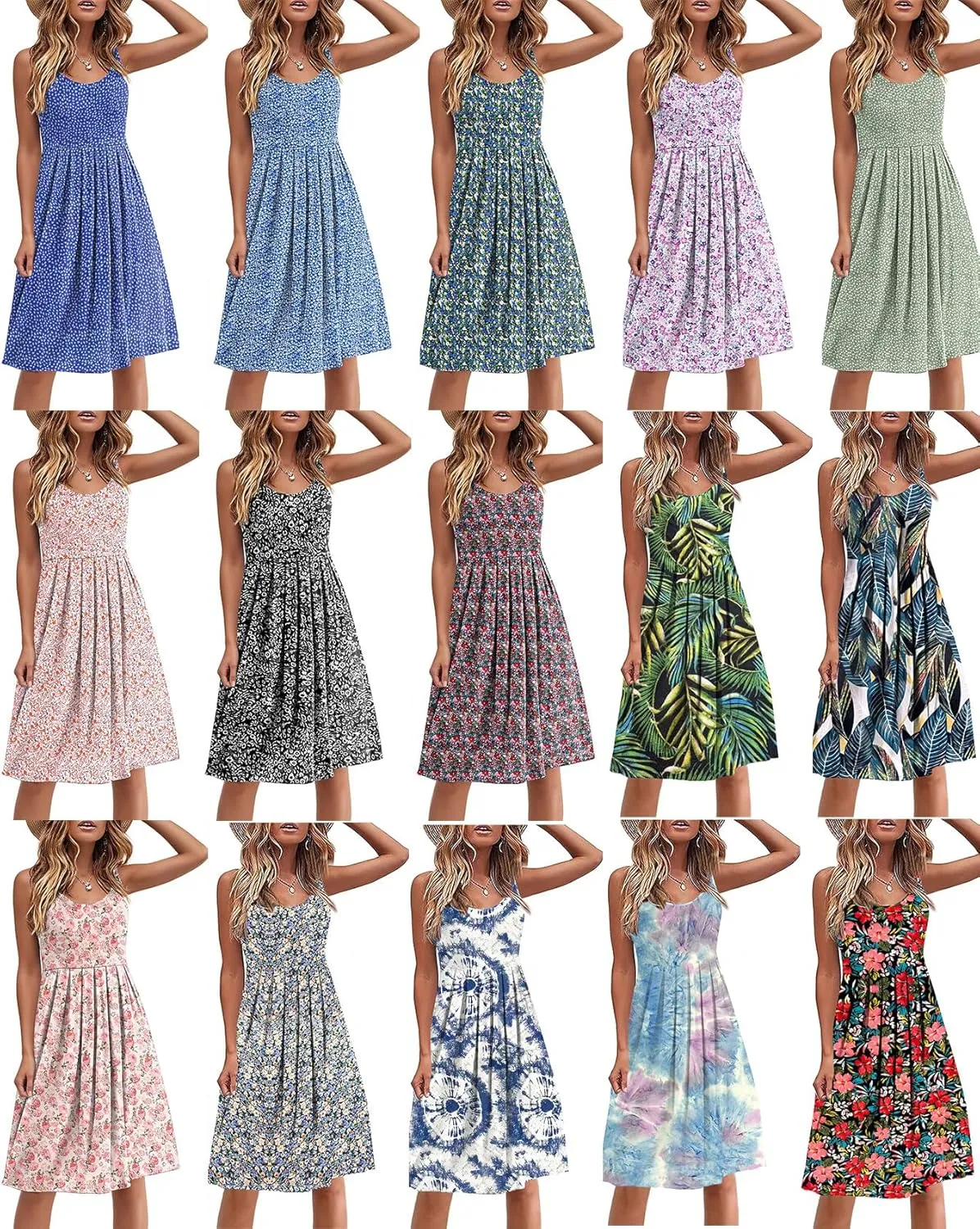 Akihoo Women Summer Casual Sleeveless Midi Plain Pleated Tank Vest Dresses