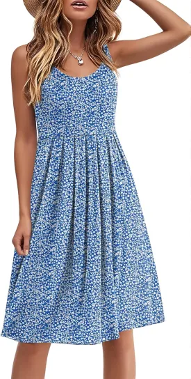 Akihoo Women Summer Casual Sleeveless Midi Plain Pleated Tank Vest Dresses