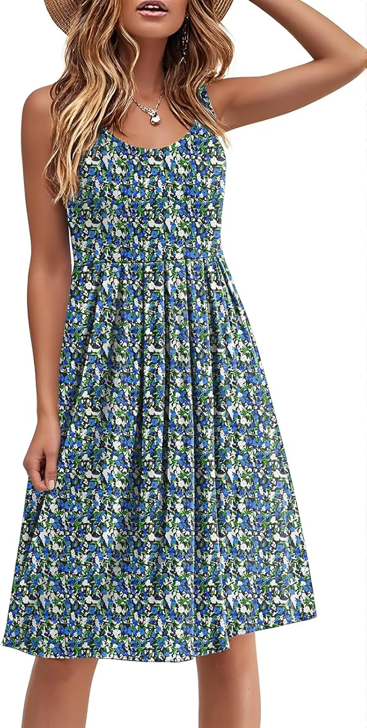 Akihoo Women Summer Casual Sleeveless Midi Plain Pleated Tank Vest Dresses