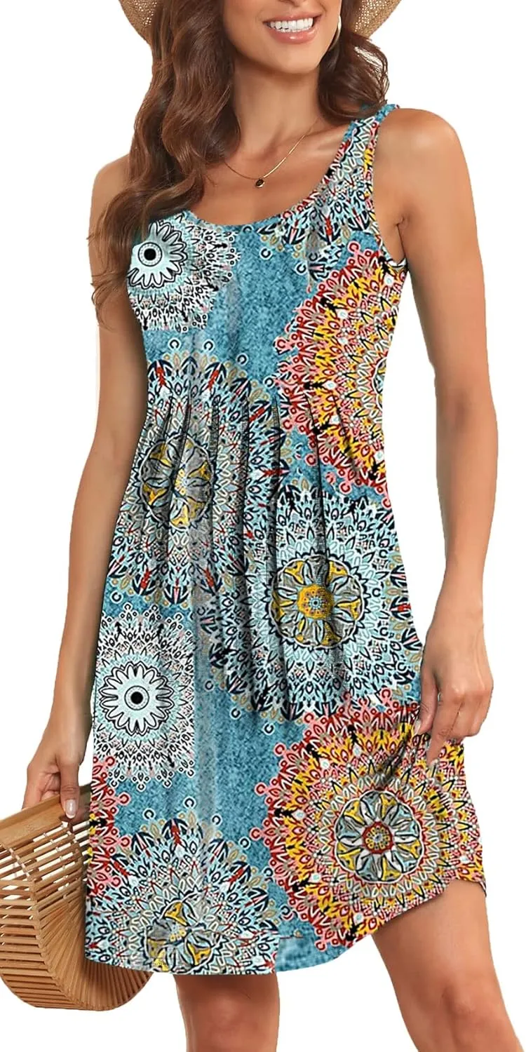 Akihoo Women Summer Casual Sleeveless Midi Plain Pleated Tank Vest Dresses