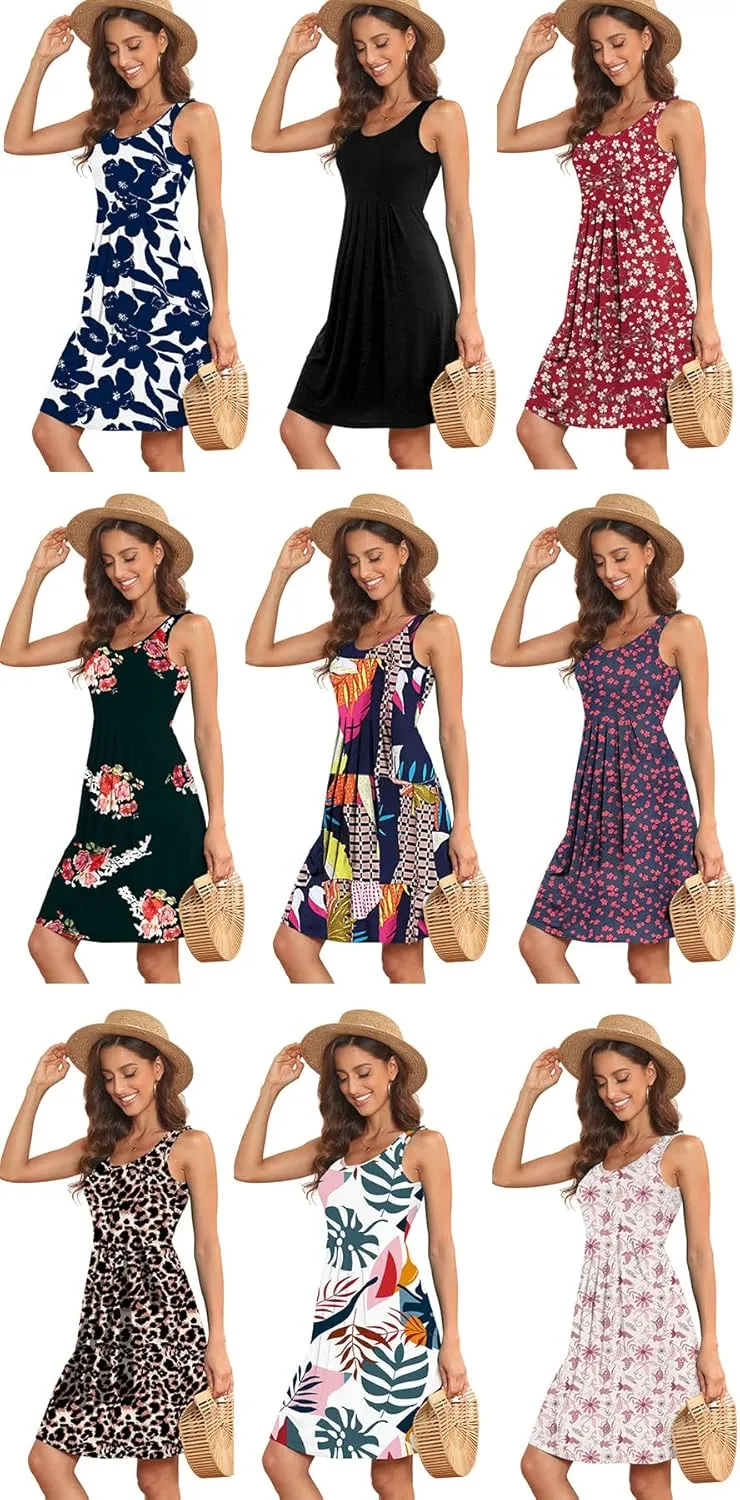 Akihoo Women Summer Casual Sleeveless Midi Plain Pleated Tank Vest Dresses