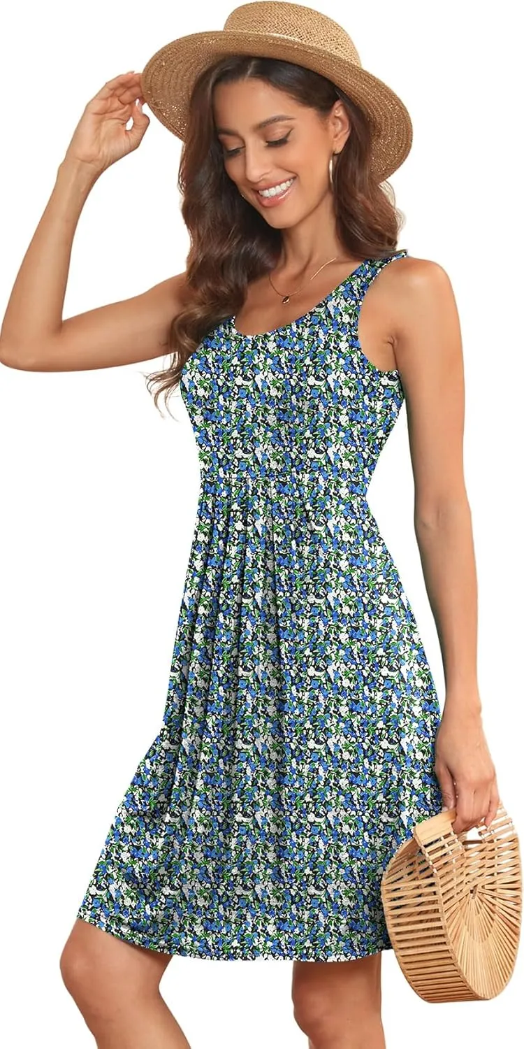 Akihoo Women Summer Casual Sleeveless Midi Plain Pleated Tank Vest Dresses