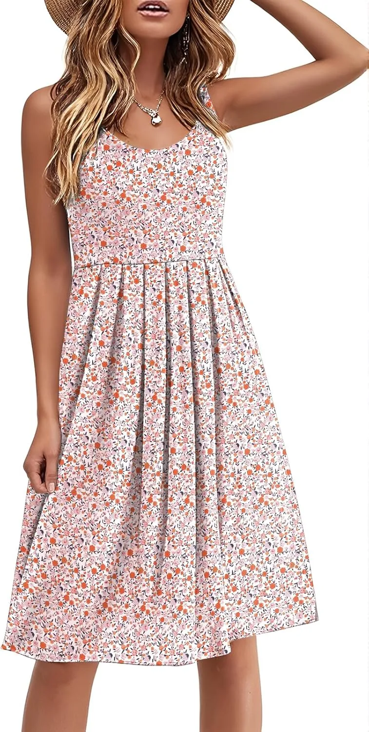 Akihoo Women Summer Casual Sleeveless Midi Plain Pleated Tank Vest Dresses