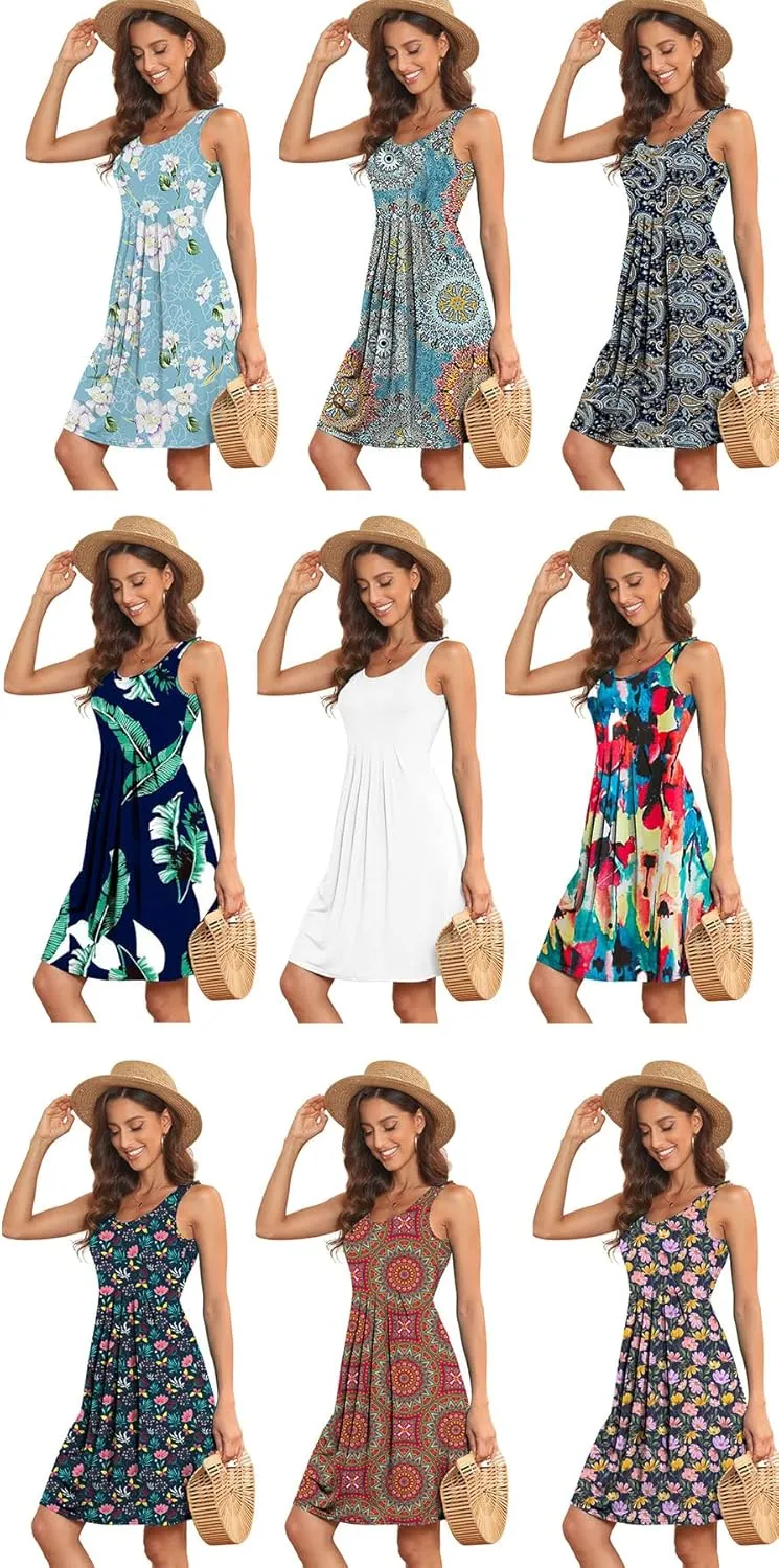 Akihoo Women Summer Casual Sleeveless Midi Plain Pleated Tank Vest Dresses