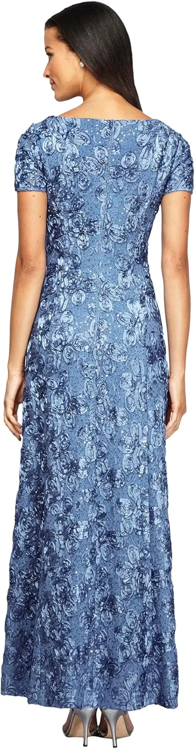 Alex Evenings Women's Long Rosette Mother of The Bride Dress with Short Sleeves, Wedding Guest (Petite and Regular Sizes)