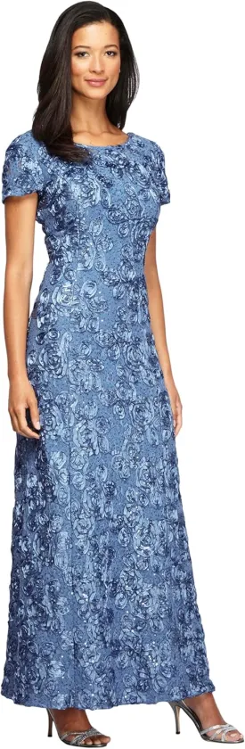 Alex Evenings Women's Long Rosette Mother of The Bride Dress with Short Sleeves, Wedding Guest (Petite and Regular Sizes)