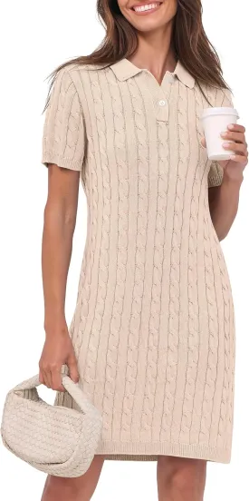 ANRABESS Short Sleeve Sweater Dress for Women Summer Casual V Neck Cable Knit Mini Polo Dresses 2025 Trendy
