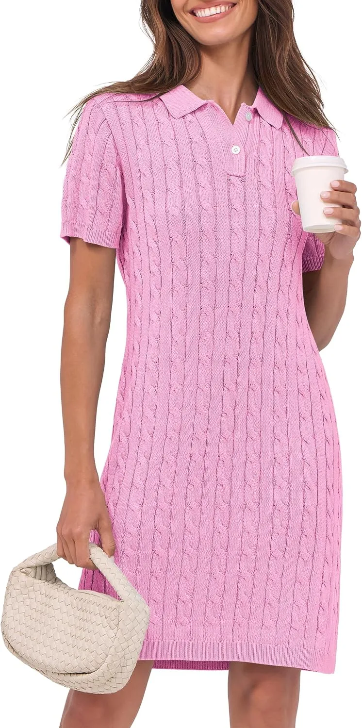 ANRABESS Short Sleeve Sweater Dress for Women Summer Casual V Neck Cable Knit Mini Polo Dresses 2025 Trendy