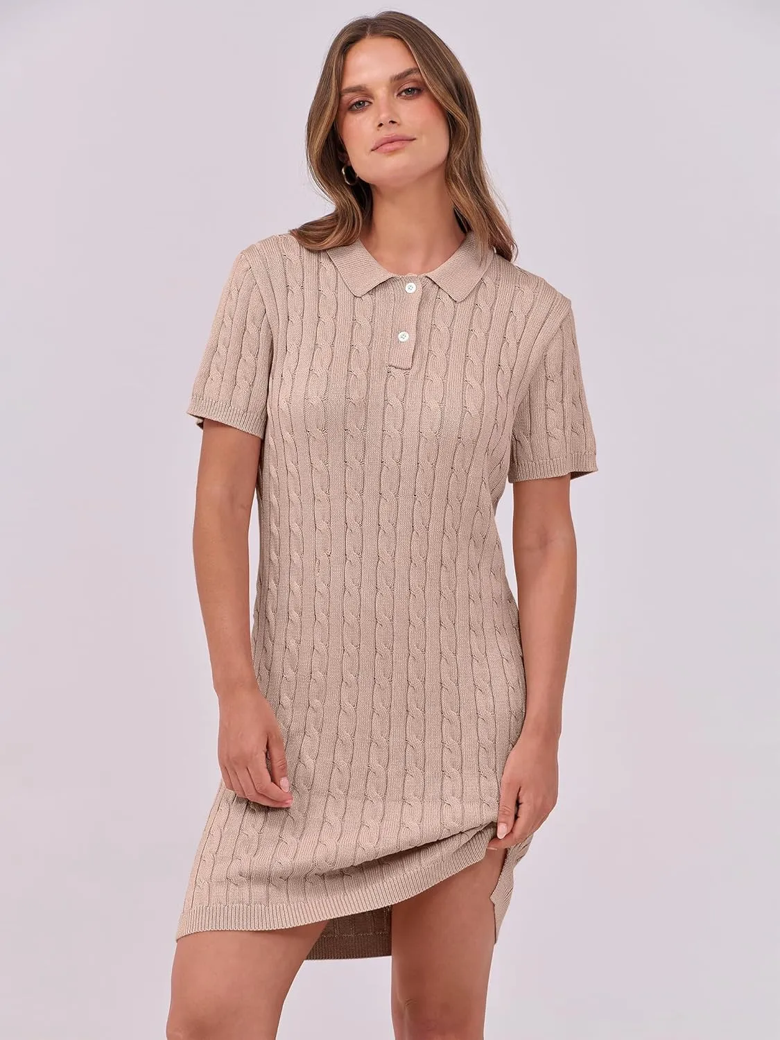 ANRABESS Short Sleeve Sweater Dress for Women Summer Casual V Neck Cable Knit Mini Polo Dresses 2025 Trendy
