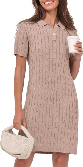 ANRABESS Short Sleeve Sweater Dress for Women Summer Casual V Neck Cable Knit Mini Polo Dresses 2025 Trendy