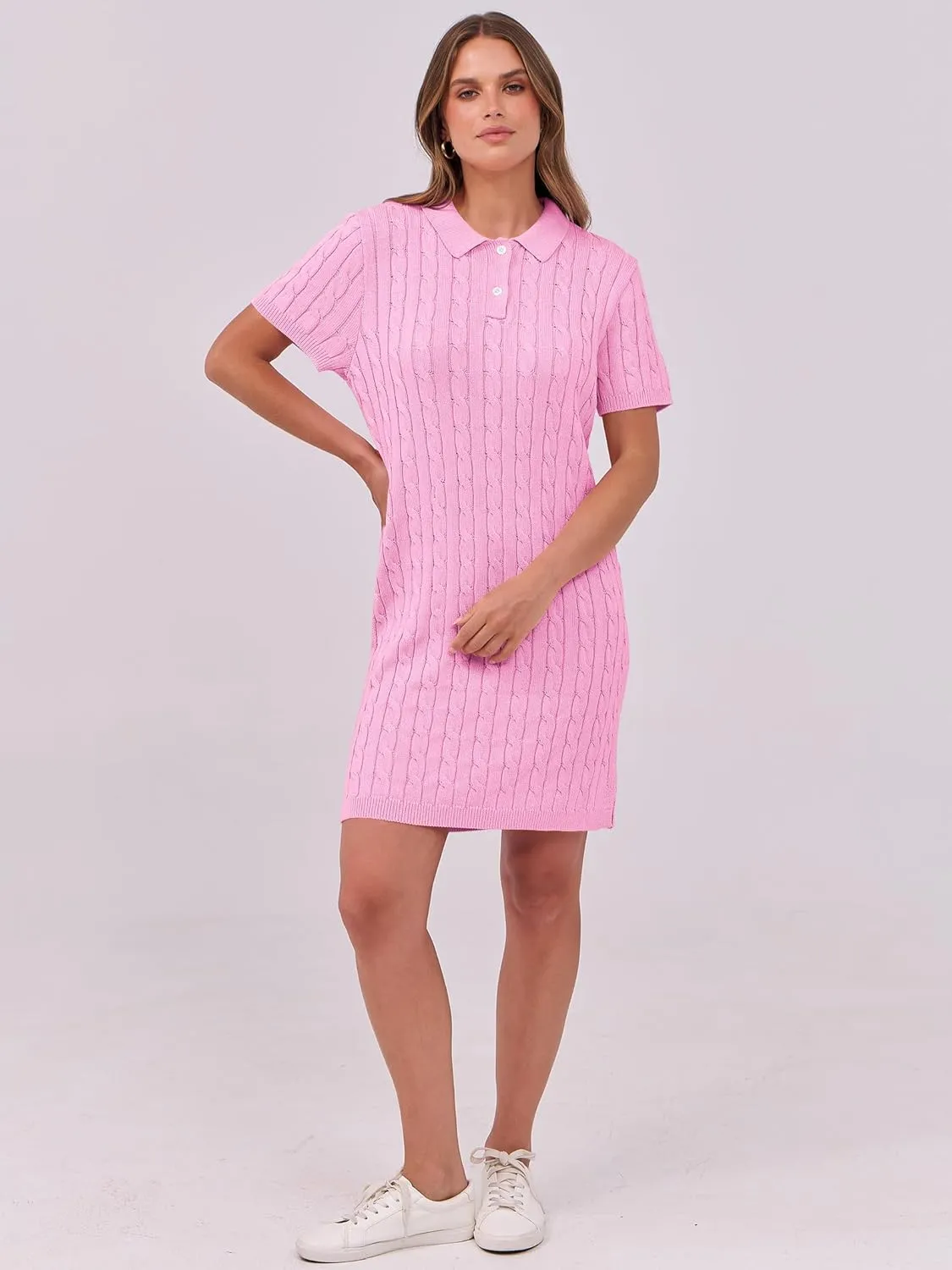 ANRABESS Short Sleeve Sweater Dress for Women Summer Casual V Neck Cable Knit Mini Polo Dresses 2025 Trendy
