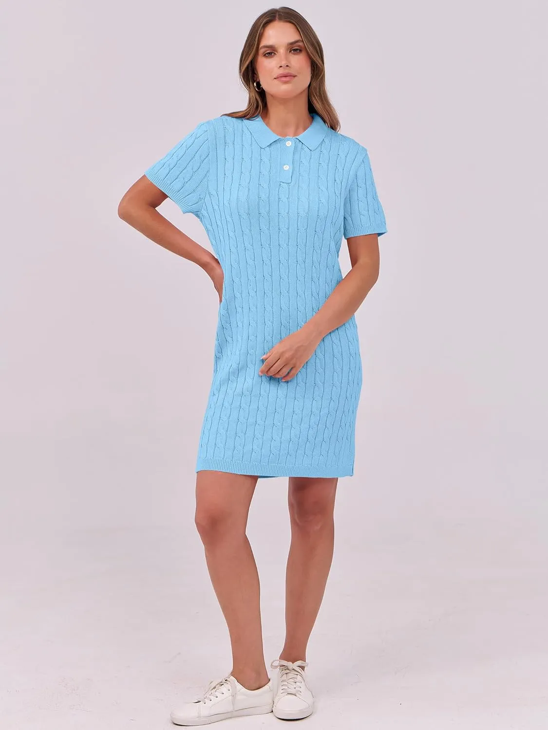 ANRABESS Short Sleeve Sweater Dress for Women Summer Casual V Neck Cable Knit Mini Polo Dresses 2025 Trendy