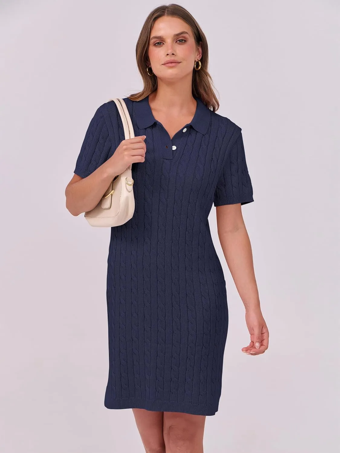 ANRABESS Short Sleeve Sweater Dress for Women Summer Casual V Neck Cable Knit Mini Polo Dresses 2025 Trendy