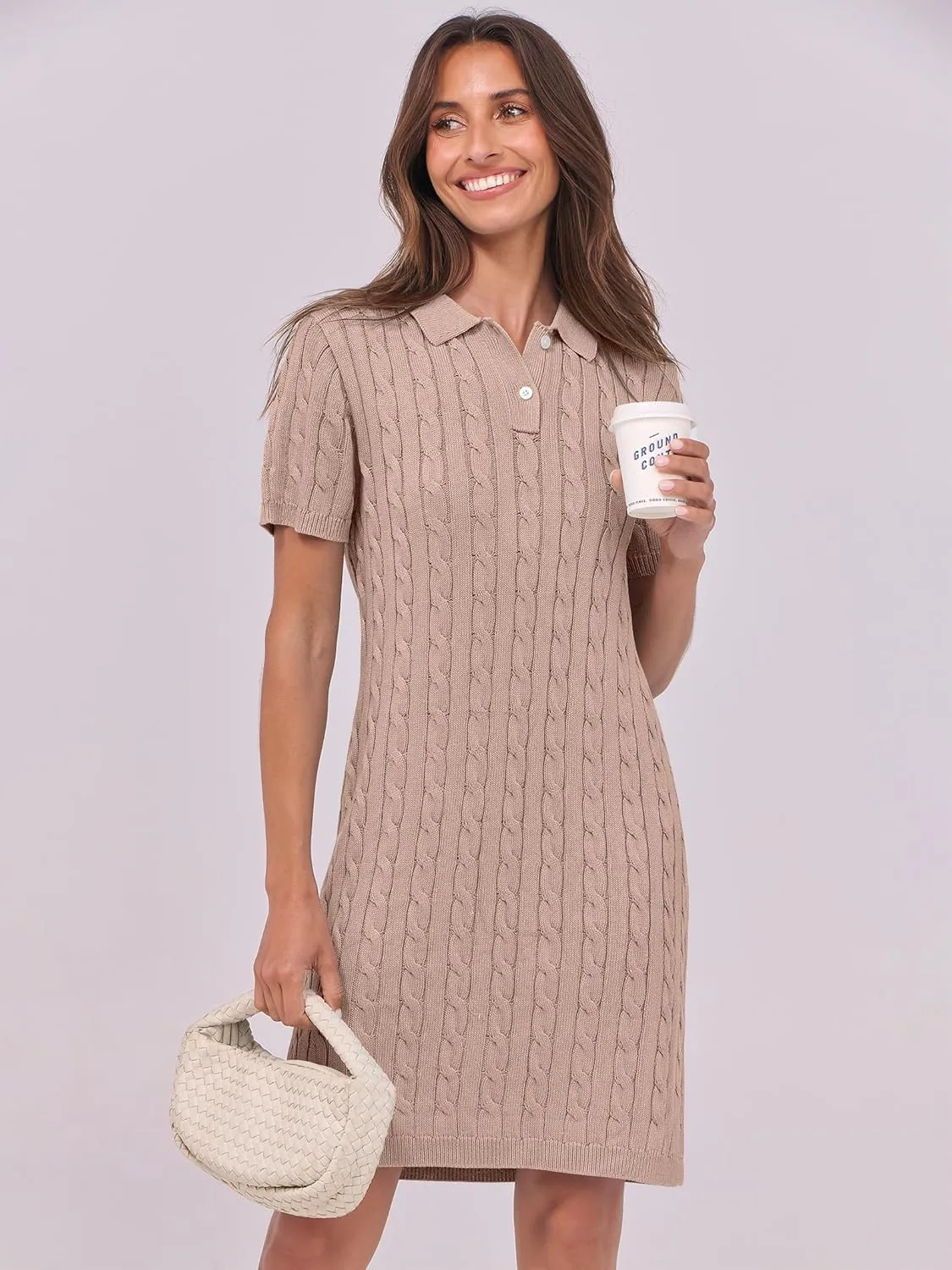 ANRABESS Short Sleeve Sweater Dress for Women Summer Casual V Neck Cable Knit Mini Polo Dresses 2025 Trendy