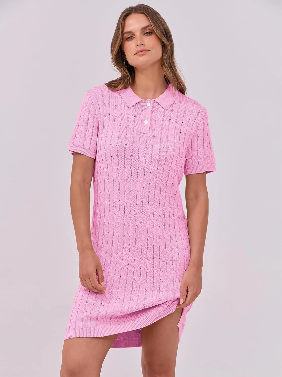 ANRABESS Short Sleeve Sweater Dress for Women Summer Casual V Neck Cable Knit Mini Polo Dresses 2025 Trendy