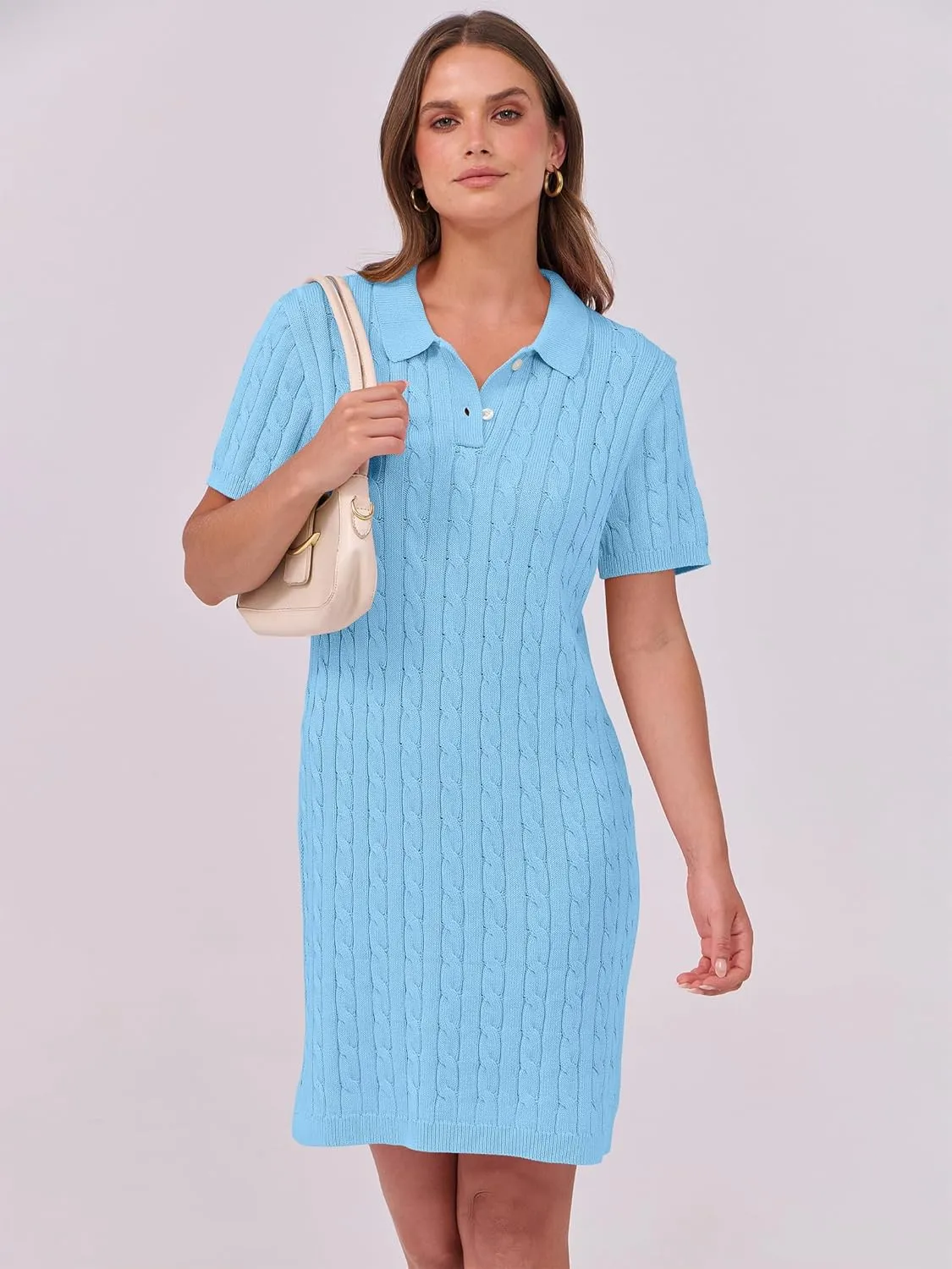ANRABESS Short Sleeve Sweater Dress for Women Summer Casual V Neck Cable Knit Mini Polo Dresses 2025 Trendy
