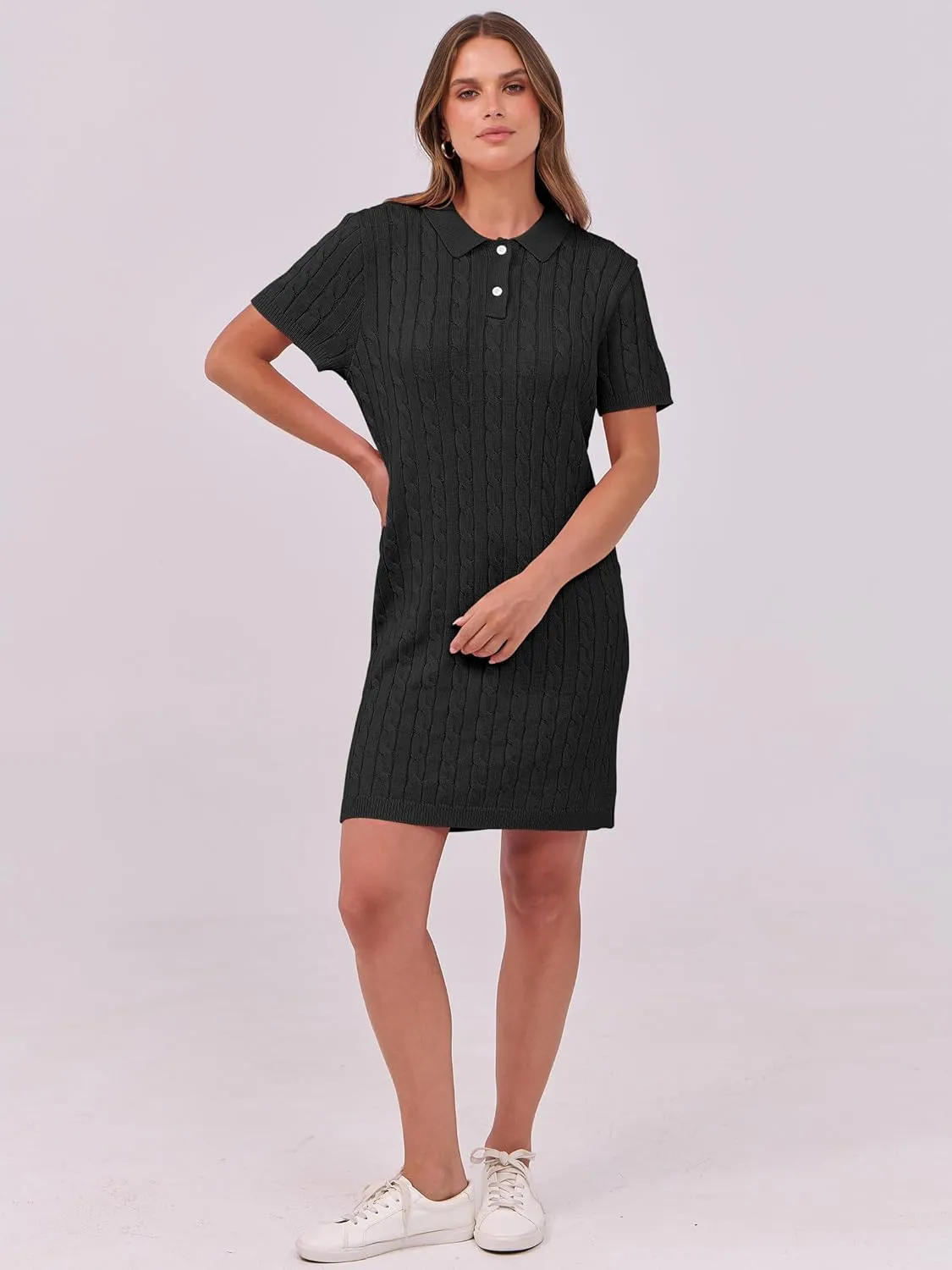 ANRABESS Short Sleeve Sweater Dress for Women Summer Casual V Neck Cable Knit Mini Polo Dresses 2025 Trendy