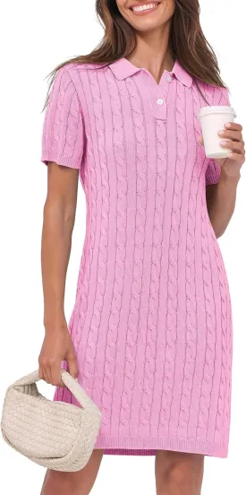 ANRABESS Short Sleeve Sweater Dress for Women Summer Casual V Neck Cable Knit Mini Polo Dresses 2025 Trendy