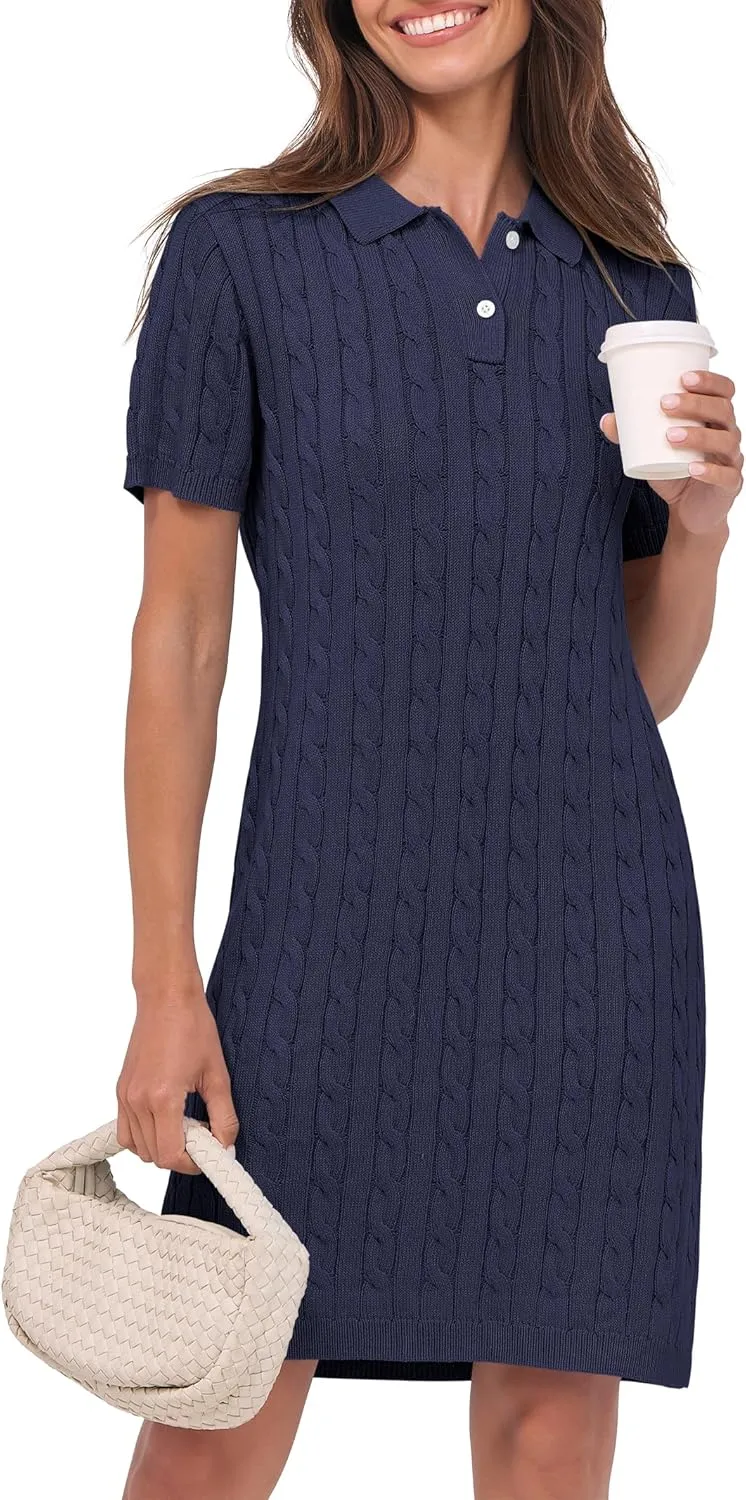 ANRABESS Short Sleeve Sweater Dress for Women Summer Casual V Neck Cable Knit Mini Polo Dresses 2025 Trendy