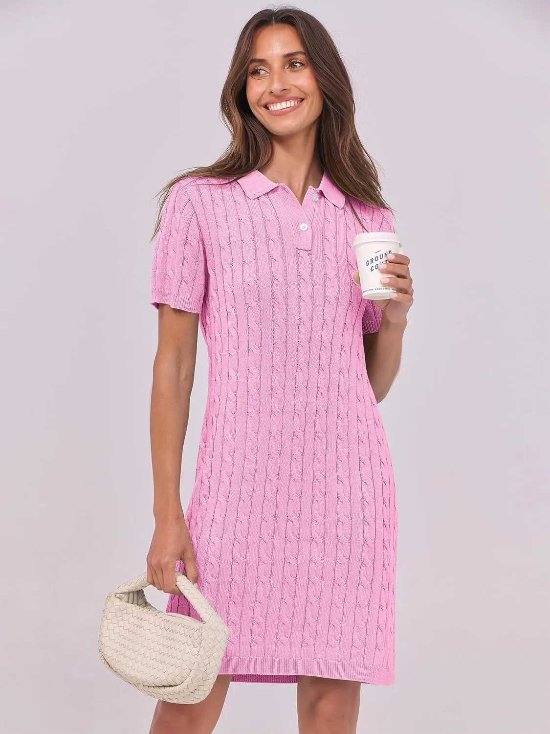 ANRABESS Short Sleeve Sweater Dress for Women Summer Casual V Neck Cable Knit Mini Polo Dresses 2025 Trendy