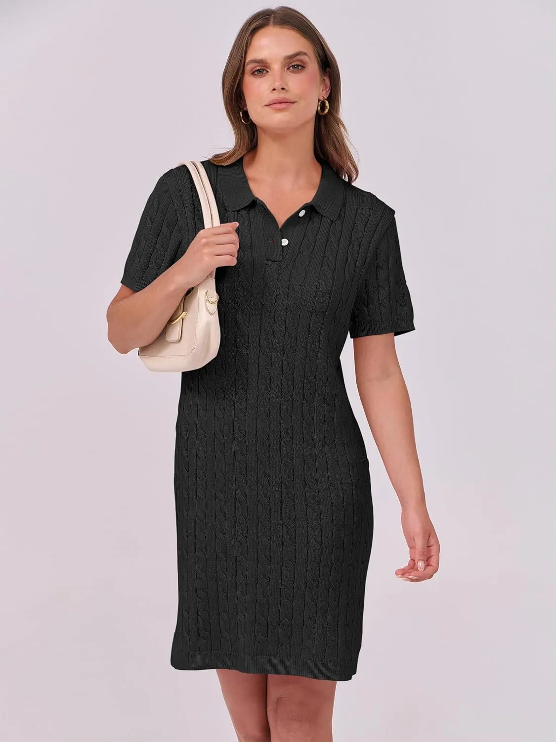 ANRABESS Short Sleeve Sweater Dress for Women Summer Casual V Neck Cable Knit Mini Polo Dresses 2025 Trendy