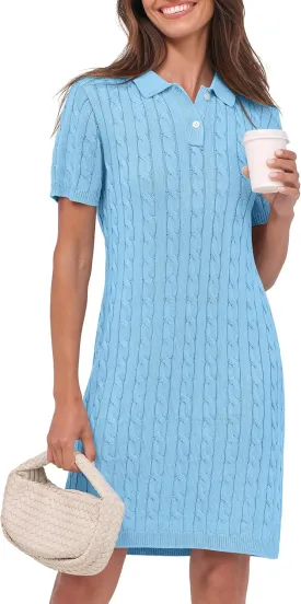ANRABESS Short Sleeve Sweater Dress for Women Summer Casual V Neck Cable Knit Mini Polo Dresses 2025 Trendy