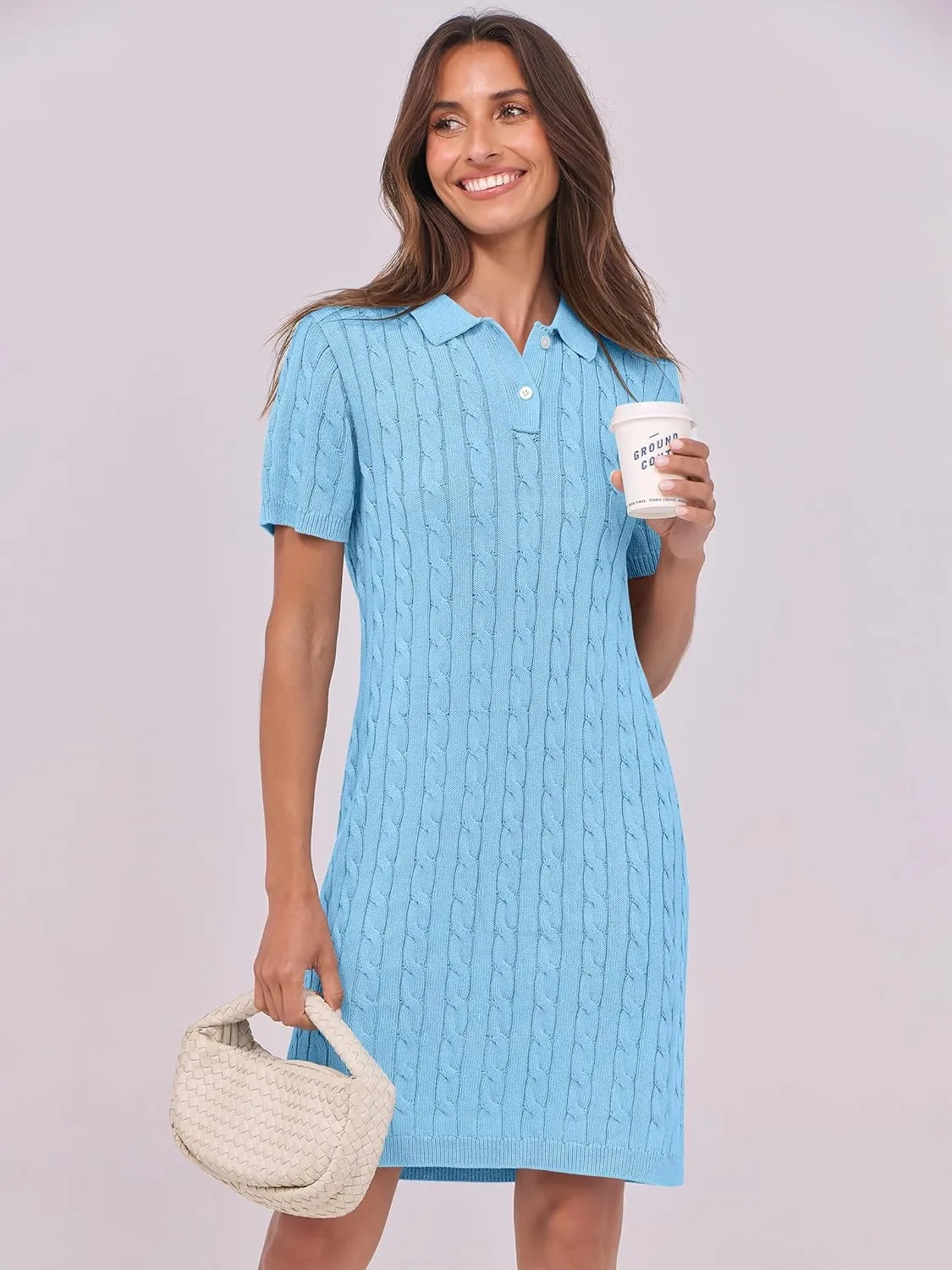 ANRABESS Short Sleeve Sweater Dress for Women Summer Casual V Neck Cable Knit Mini Polo Dresses 2025 Trendy