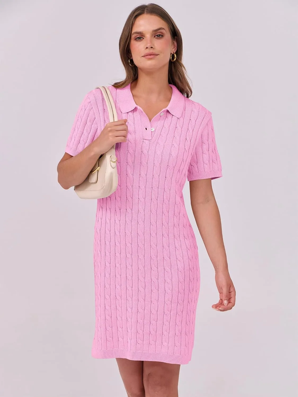 ANRABESS Short Sleeve Sweater Dress for Women Summer Casual V Neck Cable Knit Mini Polo Dresses 2025 Trendy