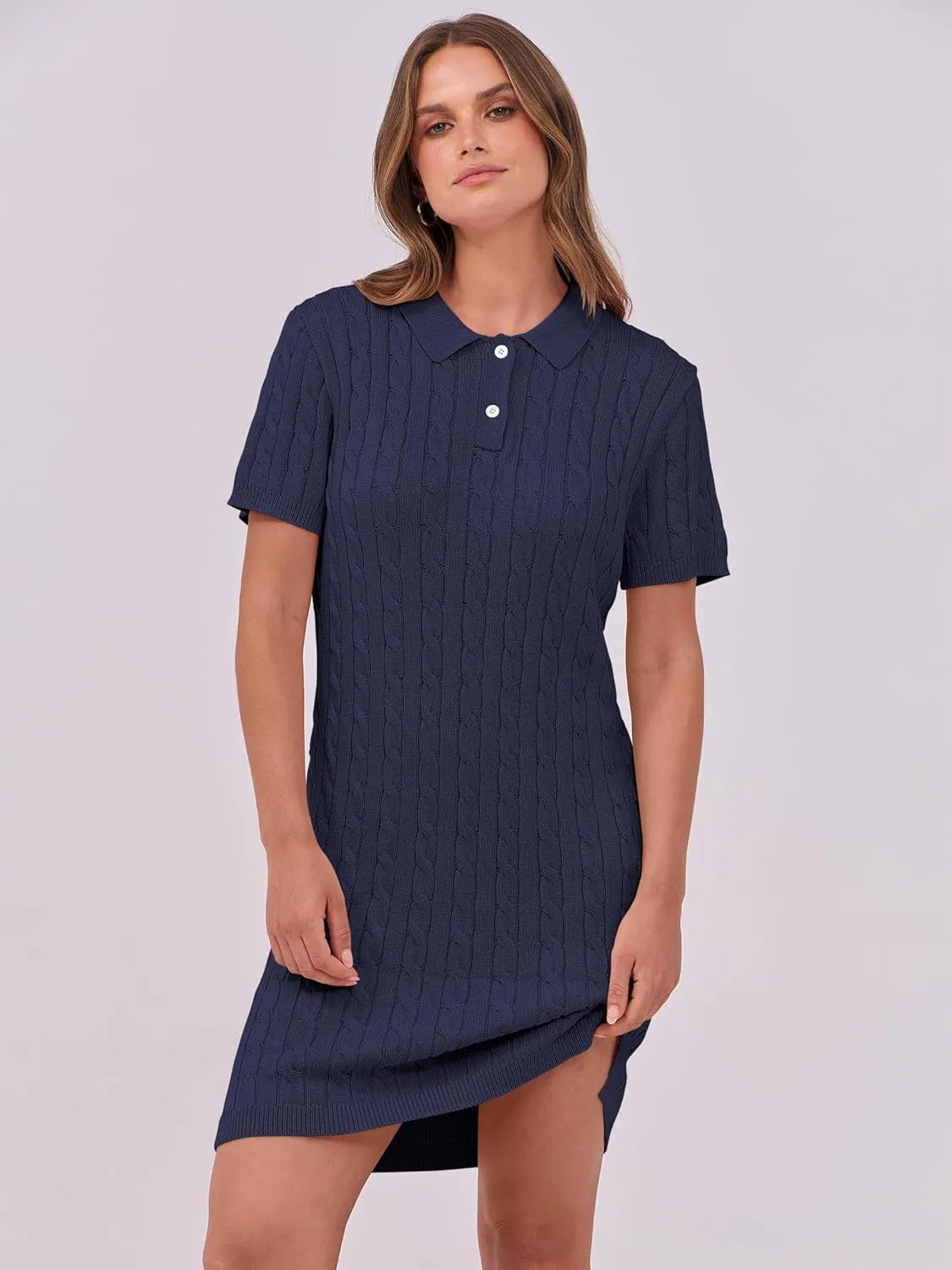 ANRABESS Short Sleeve Sweater Dress for Women Summer Casual V Neck Cable Knit Mini Polo Dresses 2025 Trendy