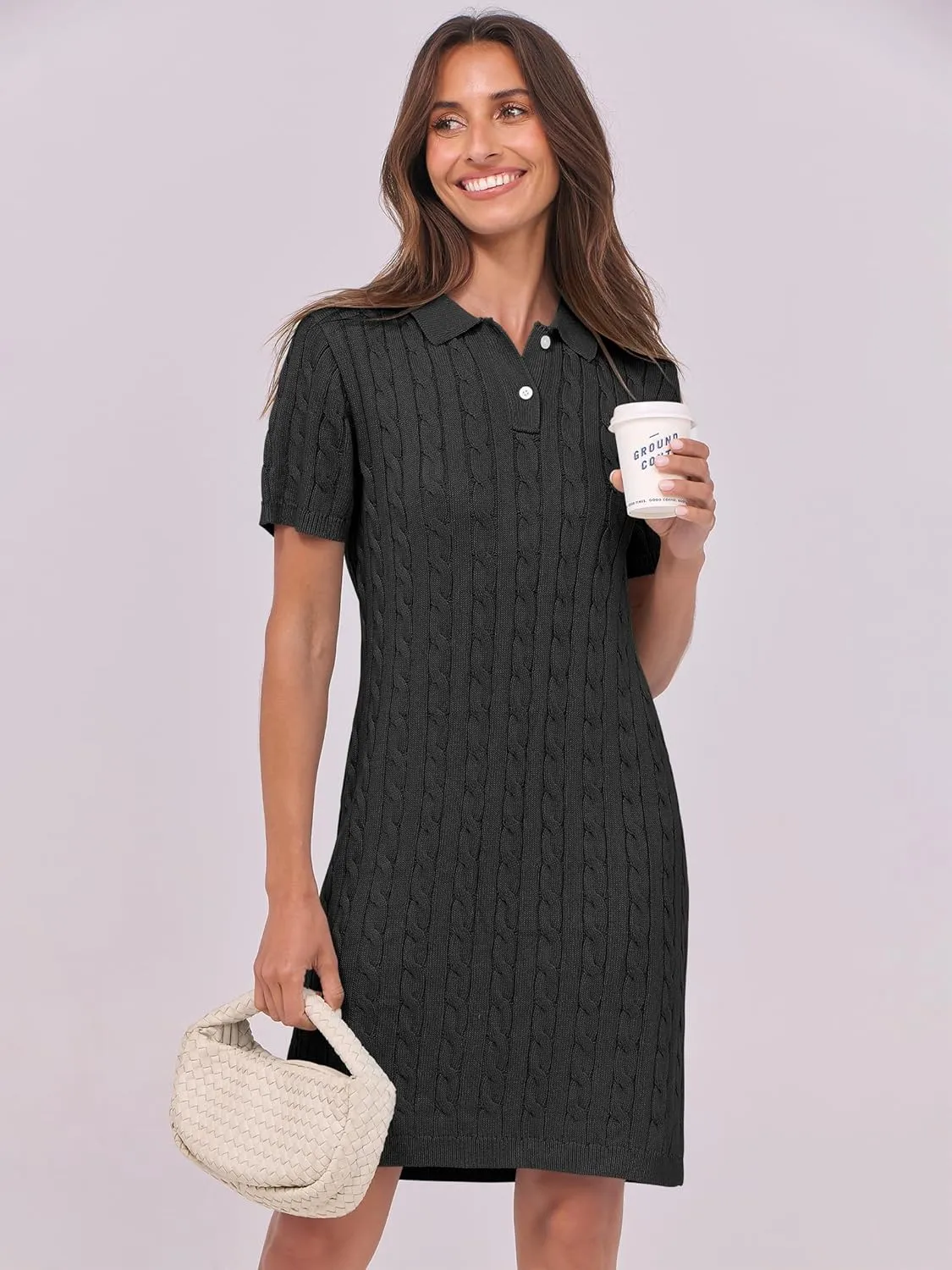 ANRABESS Short Sleeve Sweater Dress for Women Summer Casual V Neck Cable Knit Mini Polo Dresses 2025 Trendy
