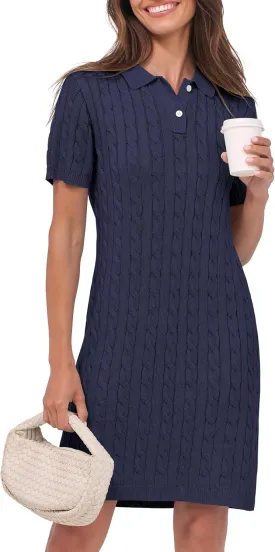 ANRABESS Short Sleeve Sweater Dress for Women Summer Casual V Neck Cable Knit Mini Polo Dresses 2025 Trendy