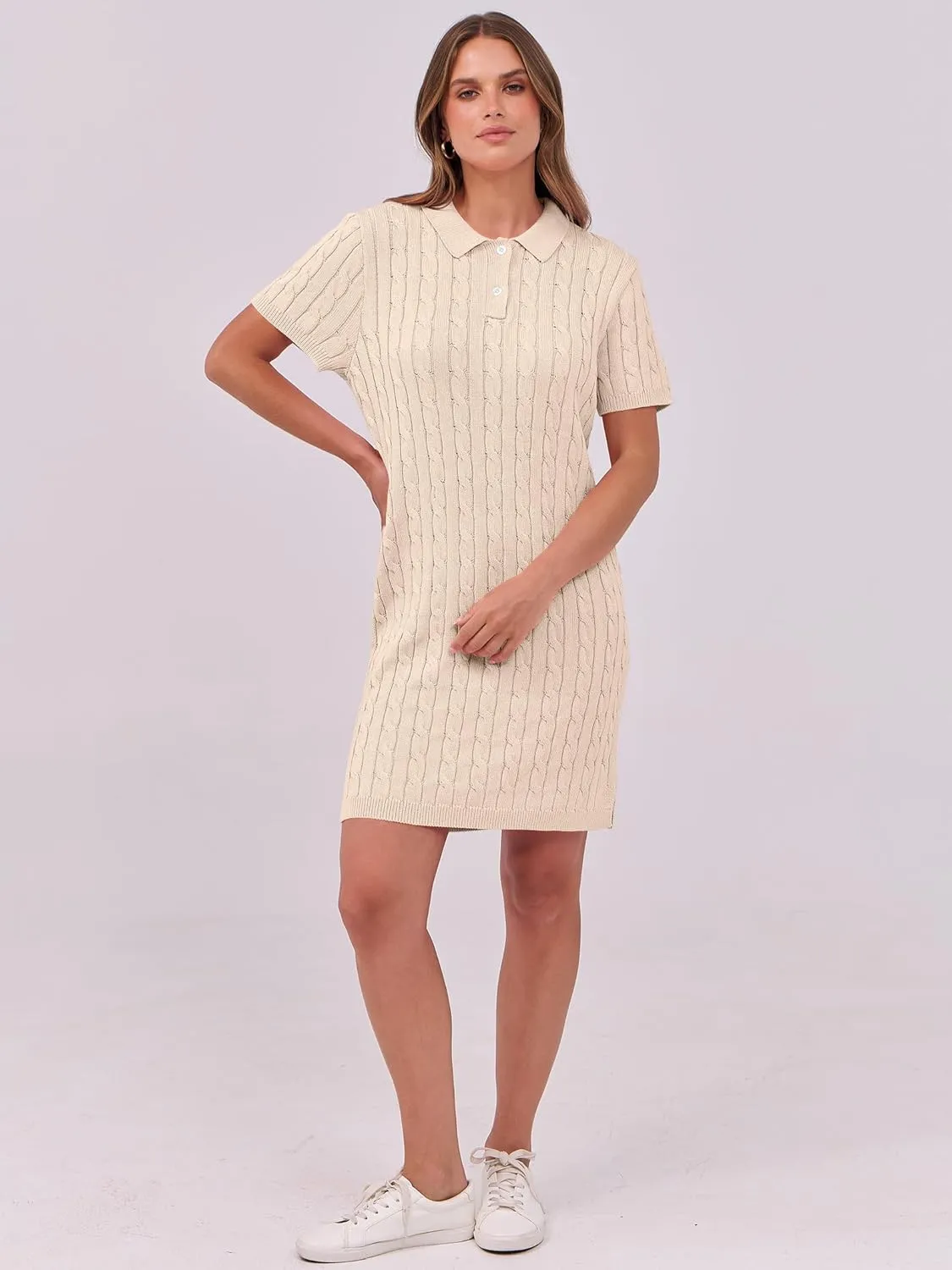 ANRABESS Short Sleeve Sweater Dress for Women Summer Casual V Neck Cable Knit Mini Polo Dresses 2025 Trendy