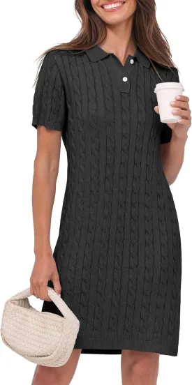 ANRABESS Short Sleeve Sweater Dress for Women Summer Casual V Neck Cable Knit Mini Polo Dresses 2025 Trendy