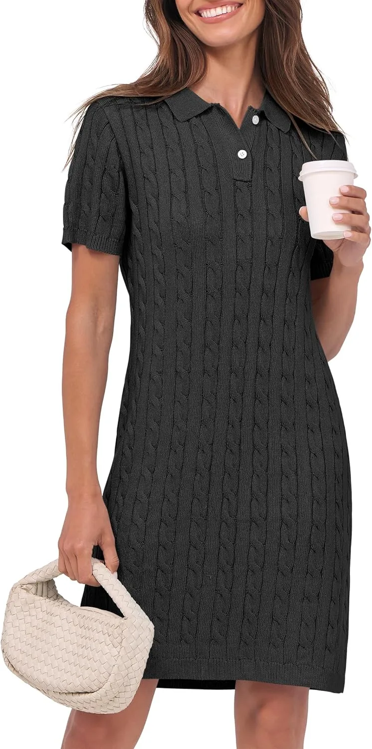 ANRABESS Short Sleeve Sweater Dress for Women Summer Casual V Neck Cable Knit Mini Polo Dresses 2025 Trendy