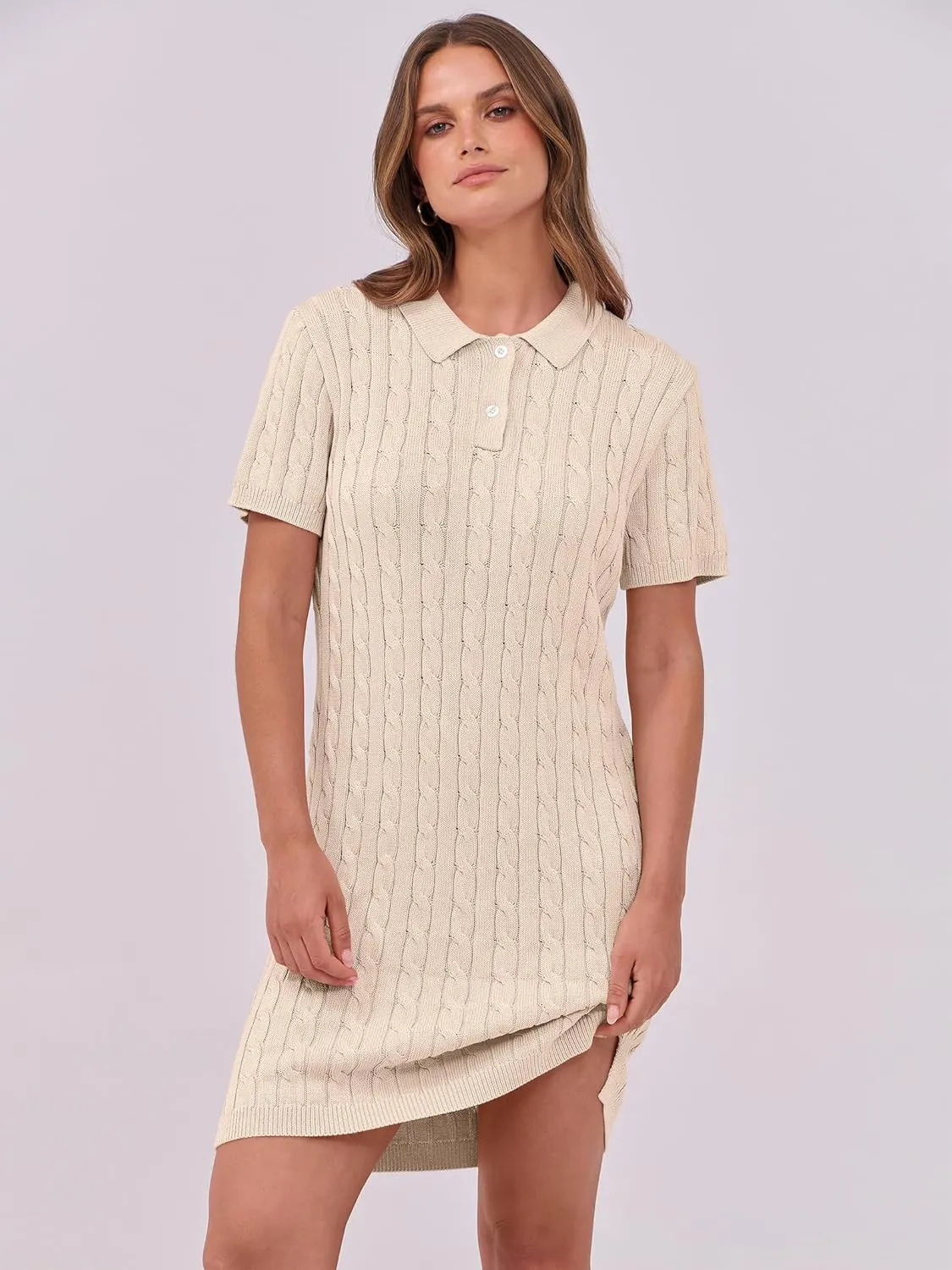ANRABESS Short Sleeve Sweater Dress for Women Summer Casual V Neck Cable Knit Mini Polo Dresses 2025 Trendy