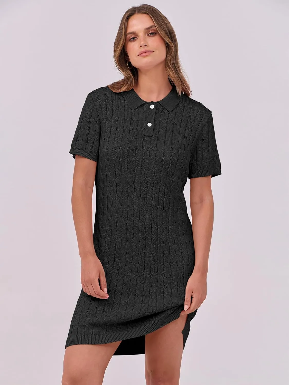 ANRABESS Short Sleeve Sweater Dress for Women Summer Casual V Neck Cable Knit Mini Polo Dresses 2025 Trendy