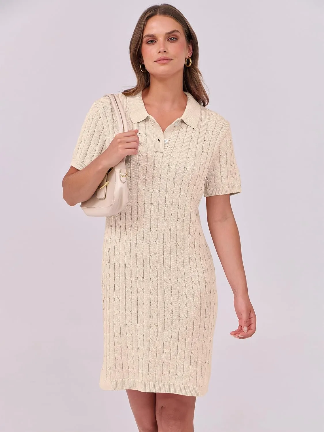 ANRABESS Short Sleeve Sweater Dress for Women Summer Casual V Neck Cable Knit Mini Polo Dresses 2025 Trendy