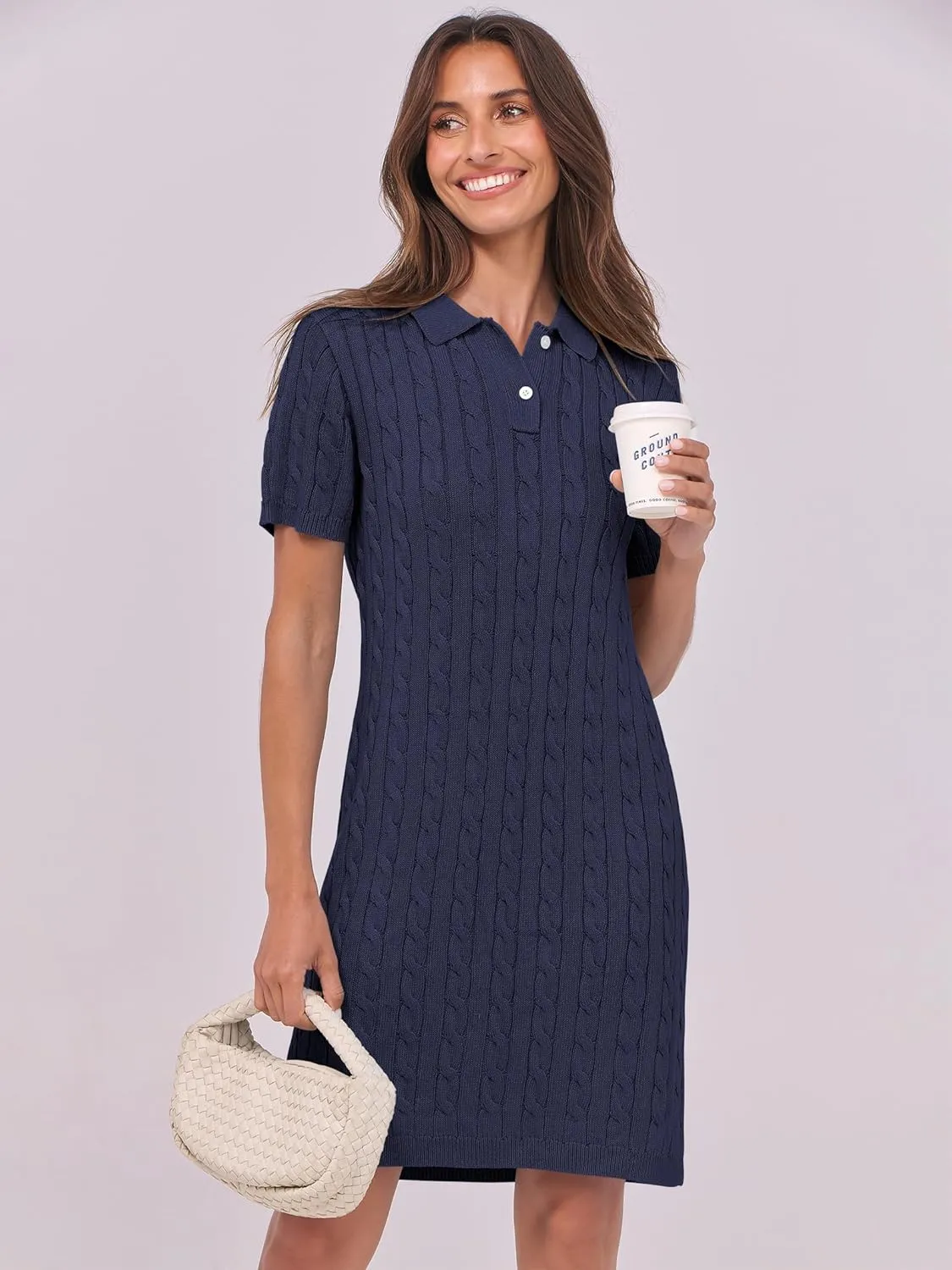 ANRABESS Short Sleeve Sweater Dress for Women Summer Casual V Neck Cable Knit Mini Polo Dresses 2025 Trendy