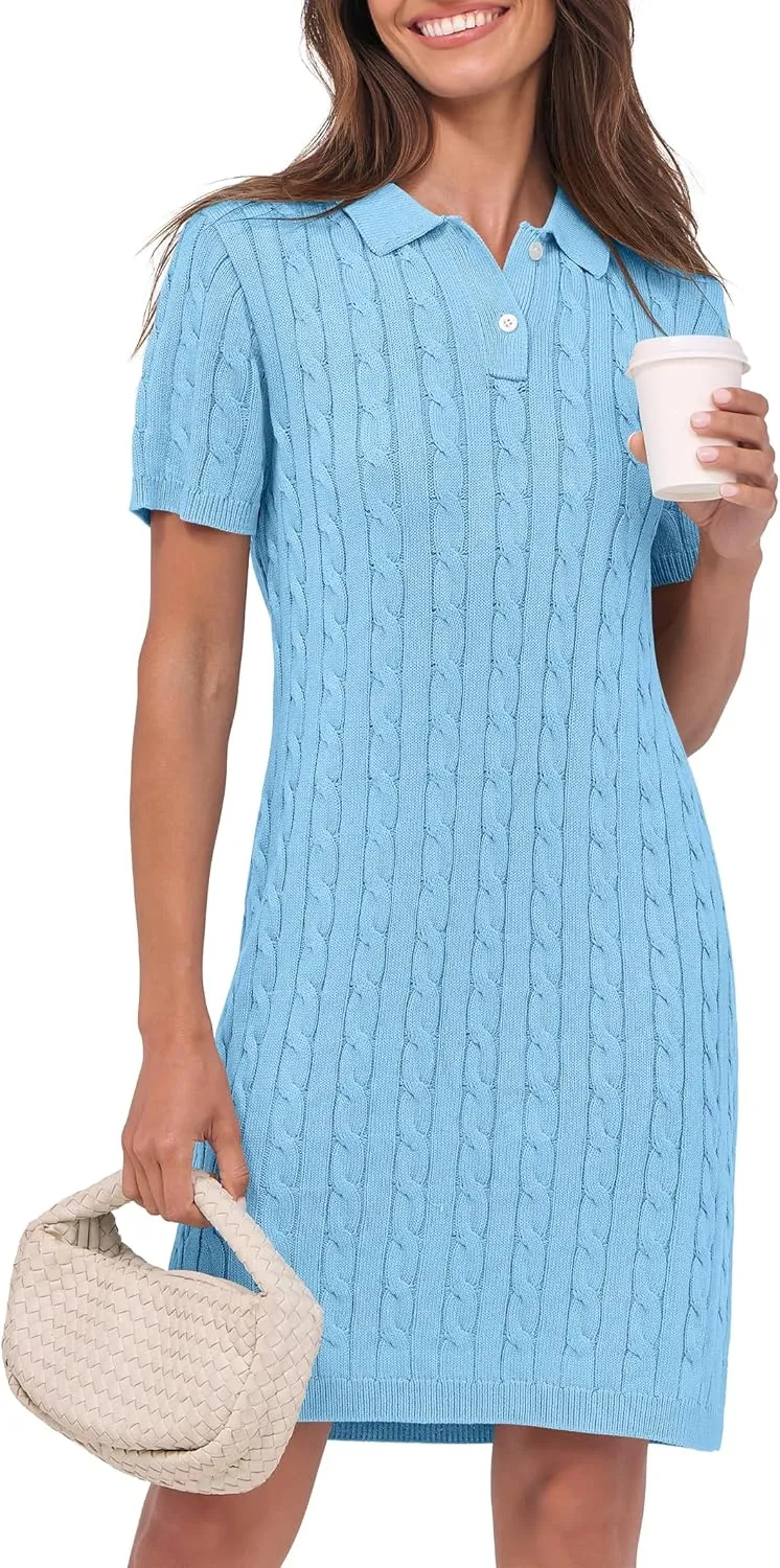 ANRABESS Short Sleeve Sweater Dress for Women Summer Casual V Neck Cable Knit Mini Polo Dresses 2025 Trendy